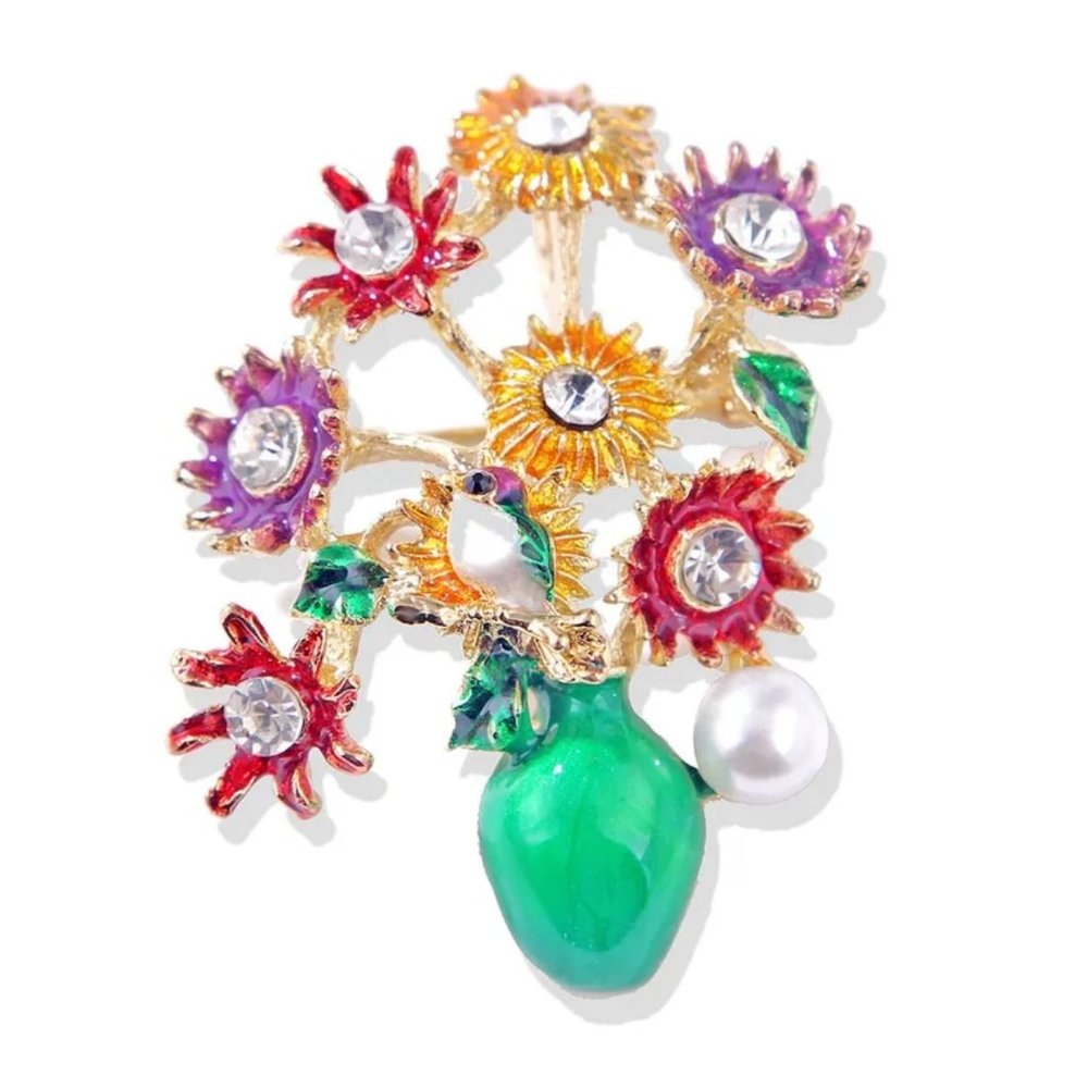 Van Gogh Style Vase Flower Bouquet with Bird Enamel Gold Tone Rhinestones